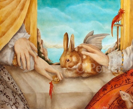 Oil painting of a brown winged rabbit being stroked by hands on a table with red and beige drapes and surrounded by yellow curtains in front of a blue sky-hybrid animal-old painting-surreal animal painter
