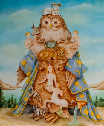 Anthropomorphic oil painting of an astrologer owl with blue coat with golden stars and zodiac signs-hybrid animal-surreal animal art