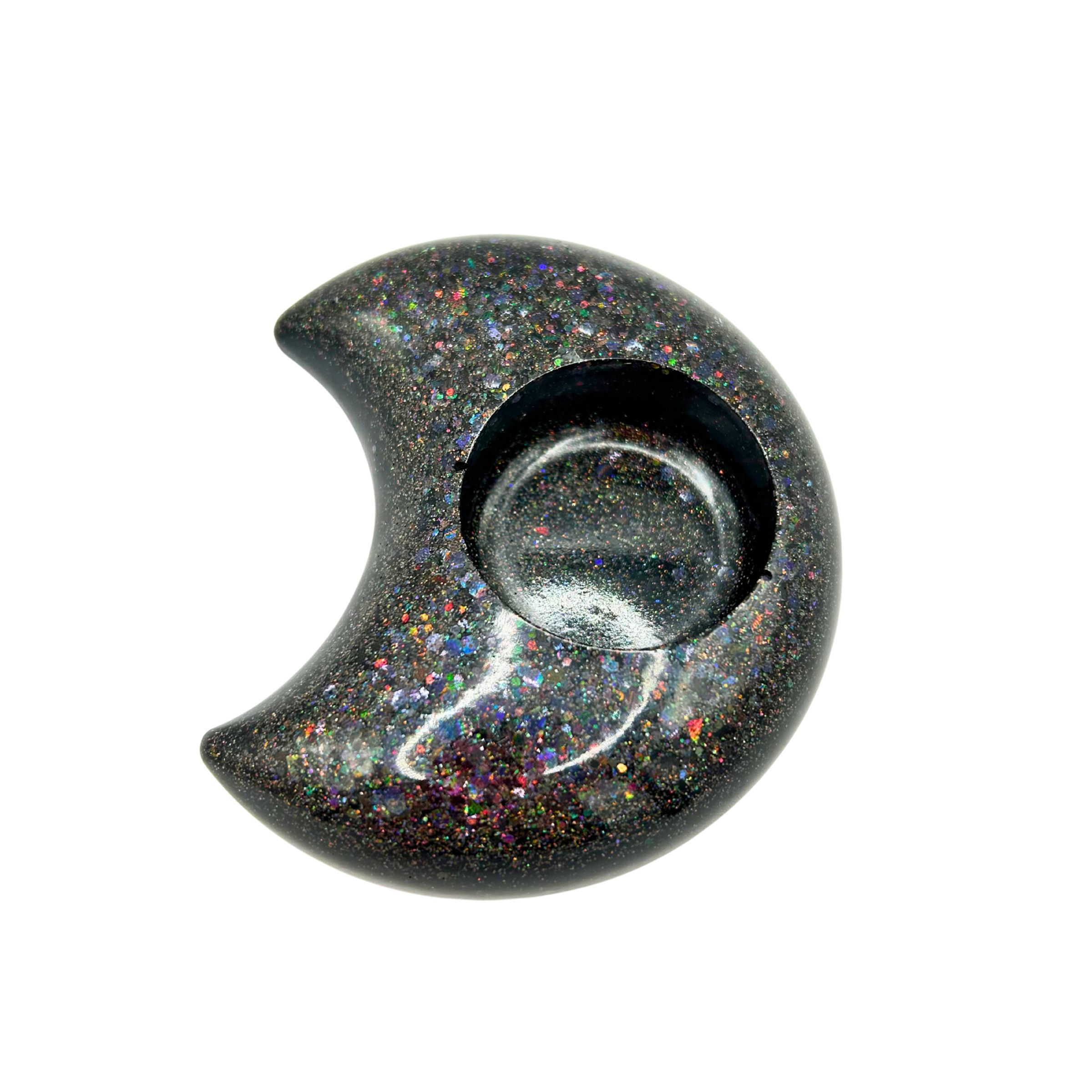 Teelichthalter - 3D Mond in Schwarz Holo Glitzer/Cosmic Black
