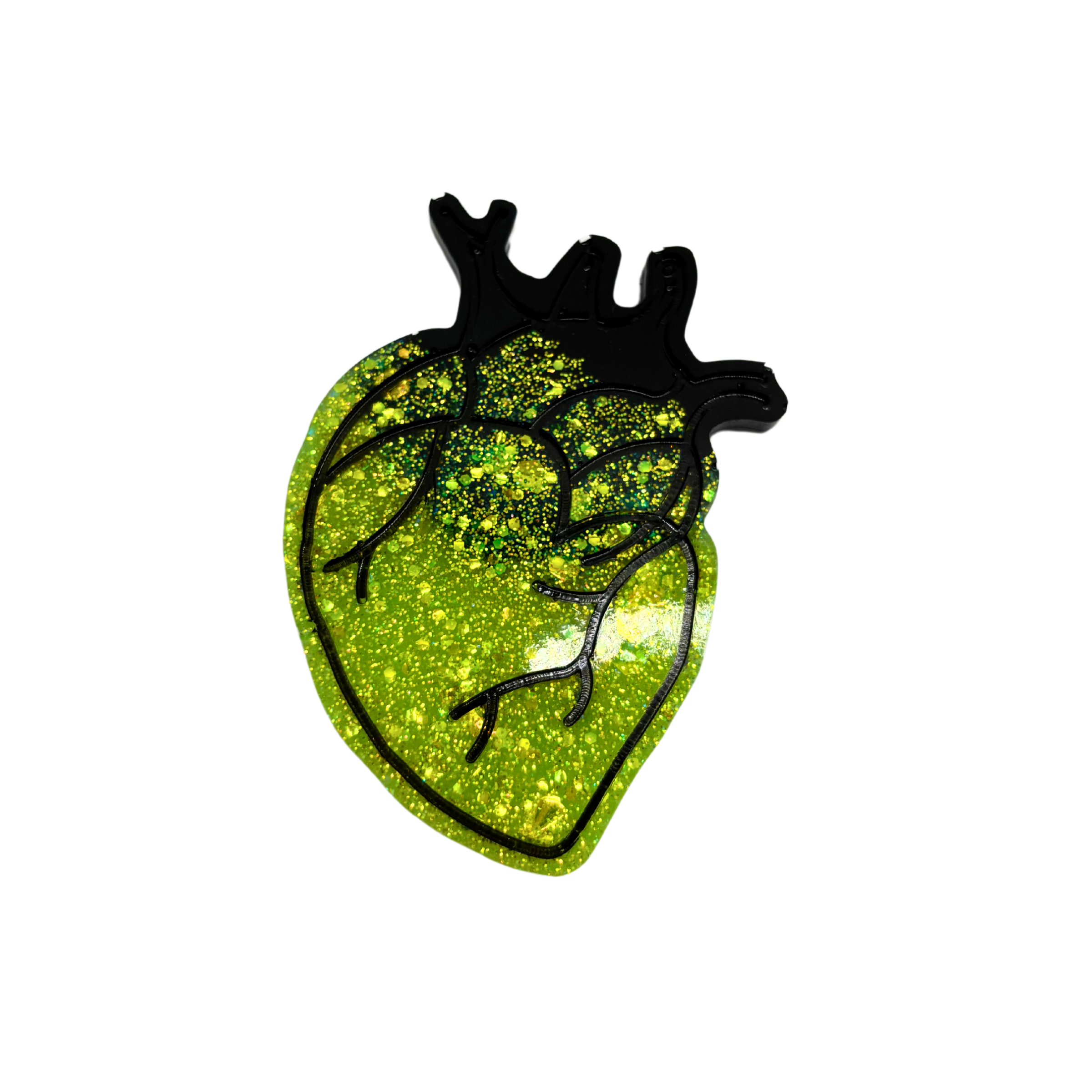 Anatomisches Herz in Schwarz und grünem Glitzer – Schlüsselanhänger oder Magnet