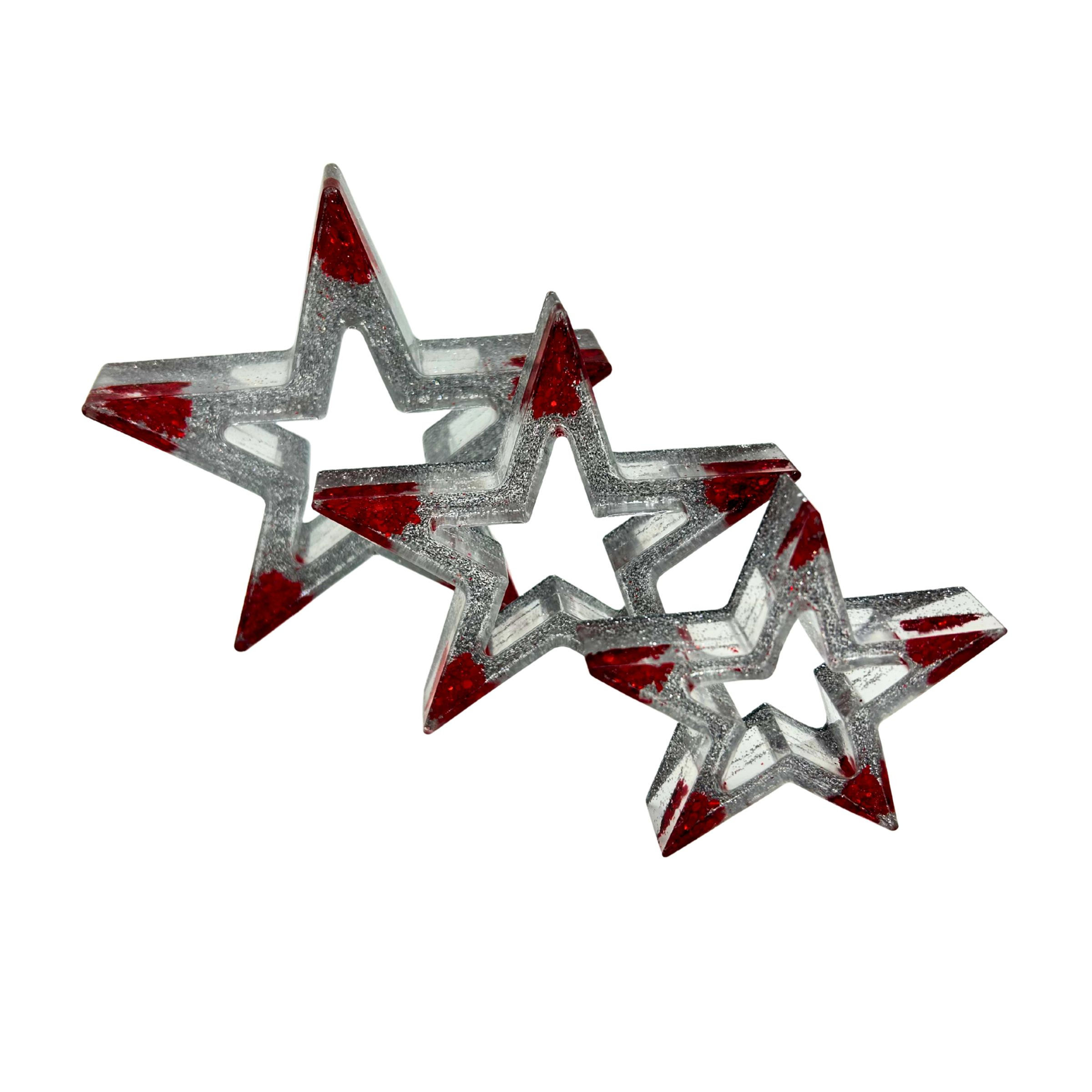 Dreier-Set Sterne in Rot Glitzer/Glitzerpigment Silber