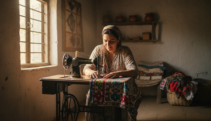Eye-level view of a woman sewing cloth on a manual sewing machine.