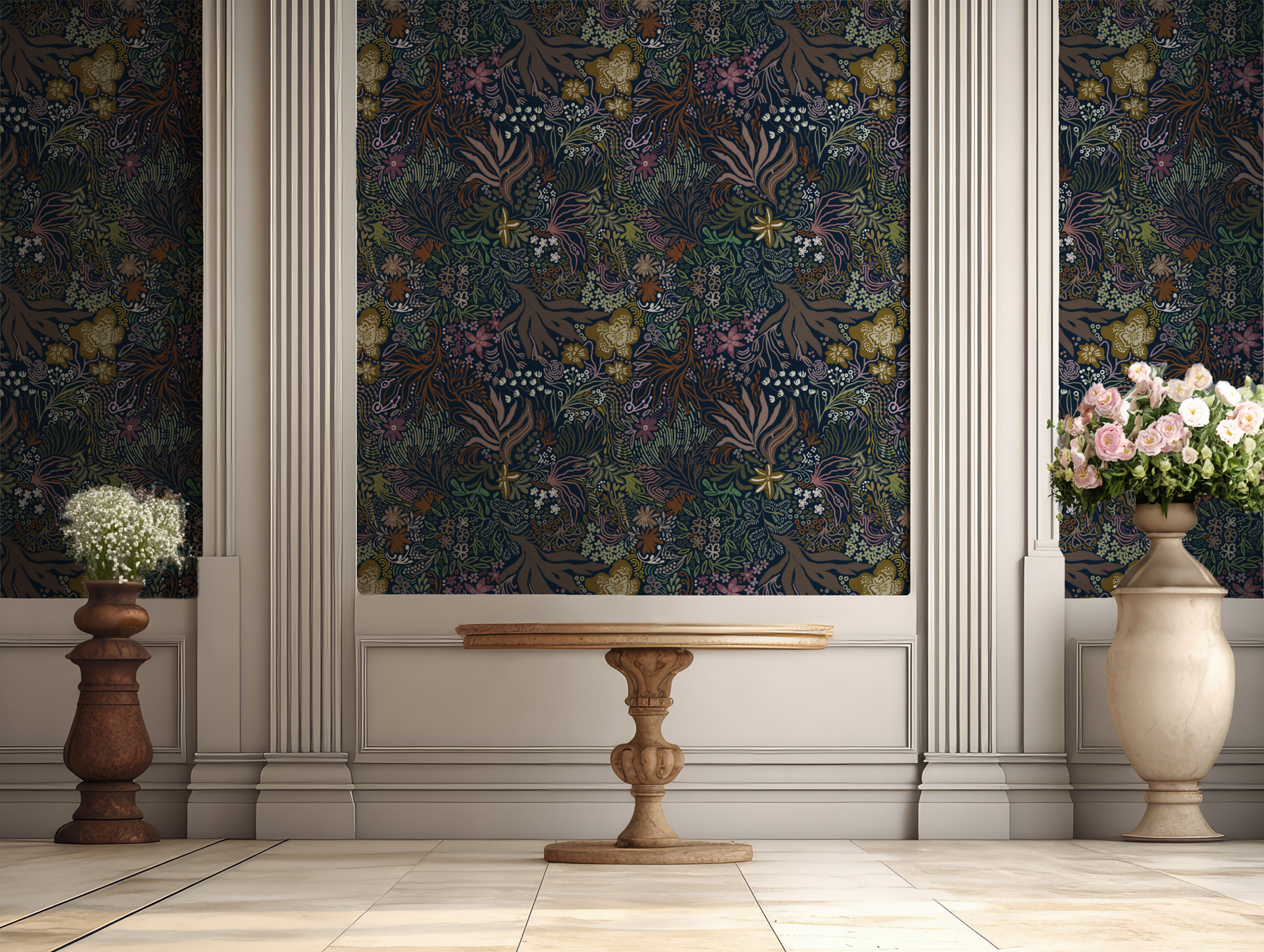 FLORAL HYMN | Earthy Browns on Blue Abyss