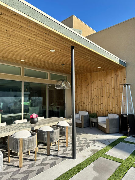 thermory, thermory ash, outdoor patio, outdoor wood wall, thermory knotty pine