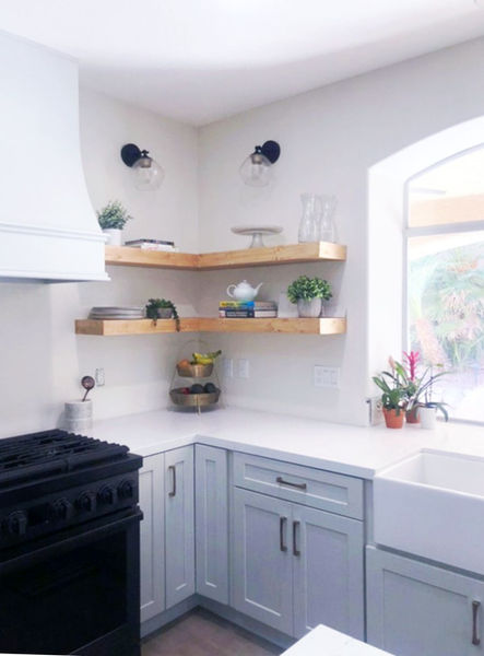 floating shelves, bar, home bar, white oak shelving, kitchen, custom kitchen