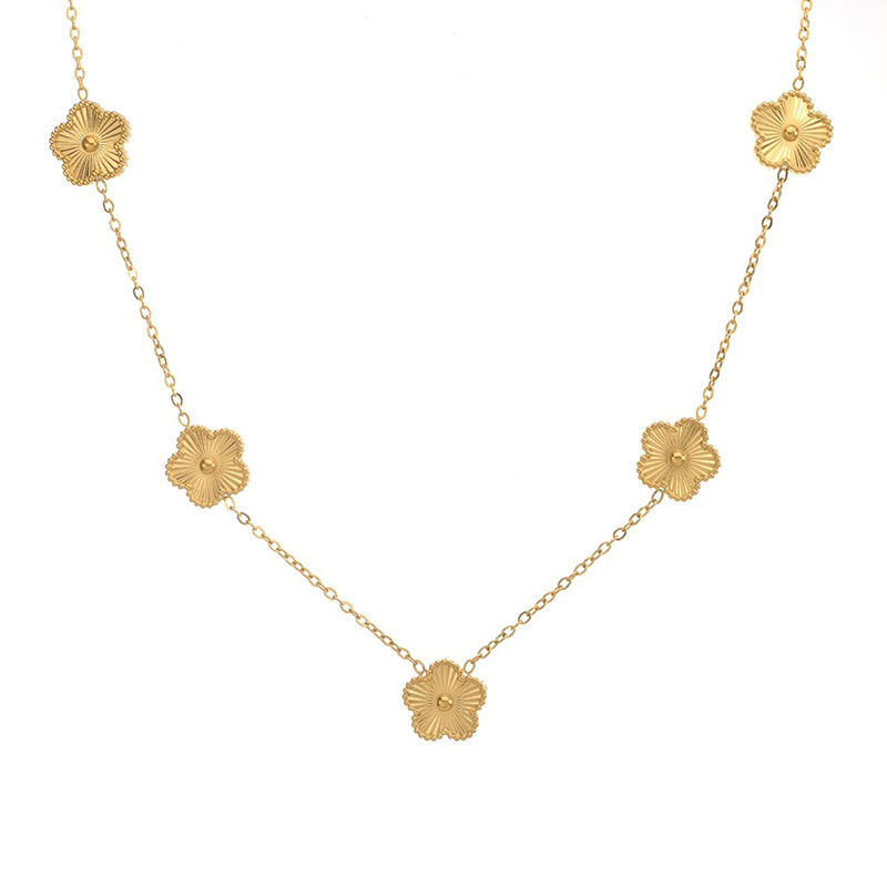 Thumbnail: 14K Gold Plated Stainless Steel Necklace Woman Five Leaf Petals Double Sided Nec