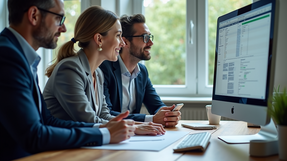 Eye-level view of a sales team collaborating on CPQ software