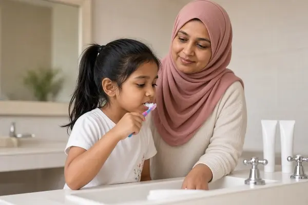 Child brushing teeth with a parent supervising the fluoride toothpaste routine