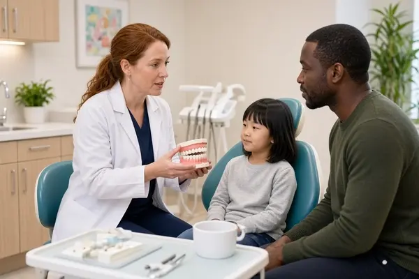 Pediatric dentist discussing treatment options for an abscessed baby tooth