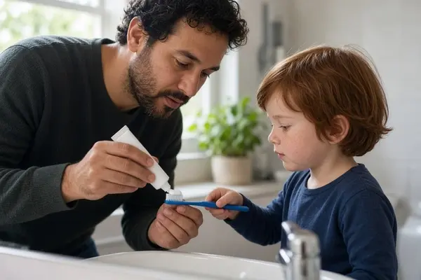 Parent placing a pea-sized amount of fluoride toothpaste on a child's brush