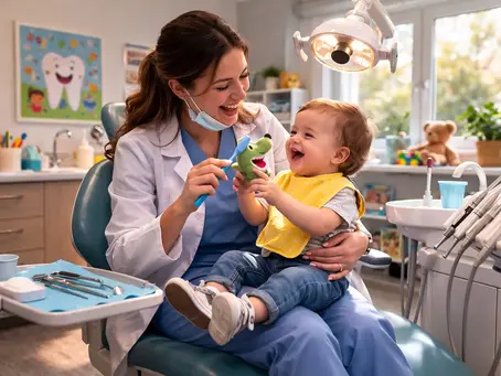 Pediatric dentist playing with a baby after a dental consultation