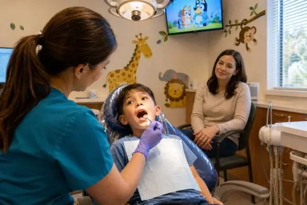 Pediatric dentist examining child's gums with mirror