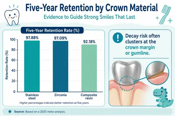 Five-year retention of pediatric crowns by material from a 2025 meta-analysis
