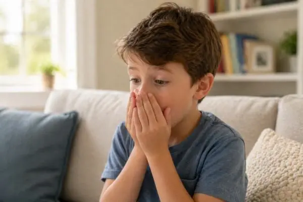 Child testing their breath for bad smell