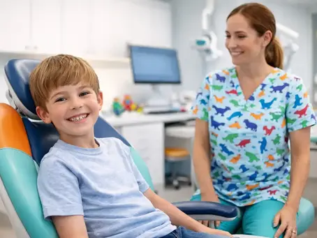 Child smiling during early orthodontic evaluation at pediatric dental office