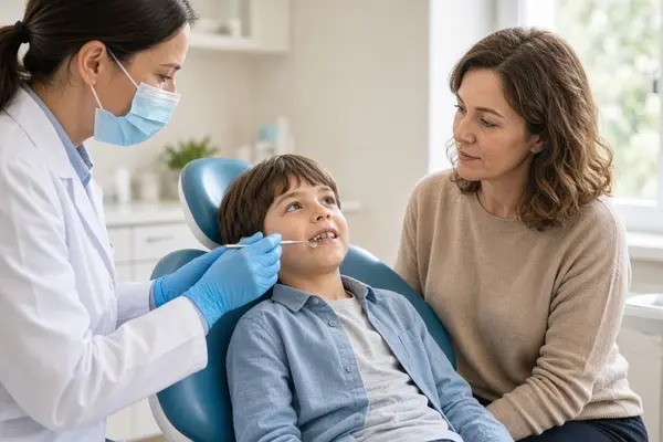 Pediatric dentist examining a child’s slightly gray front tooth at a follow-up visit