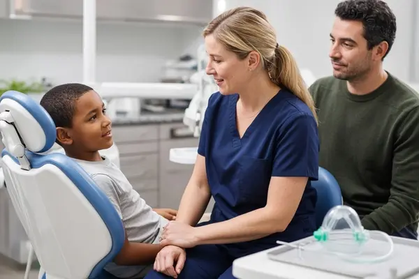 Pediatric dentist preparing a calm child for dental treatment