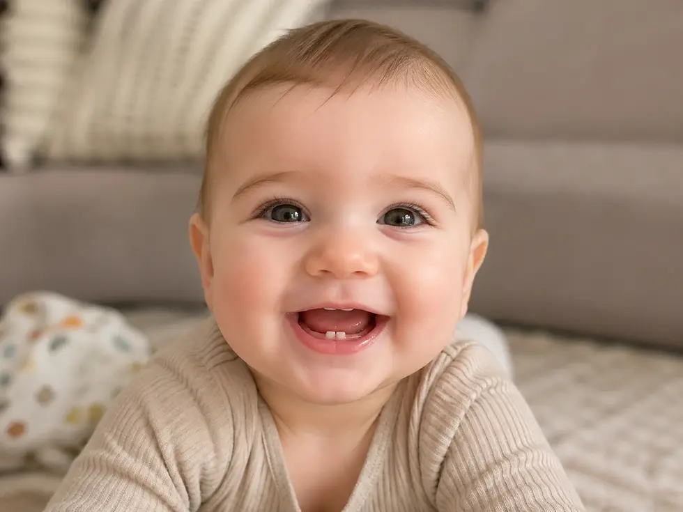 Baby showing first two lower teeth during early tooth eruption.