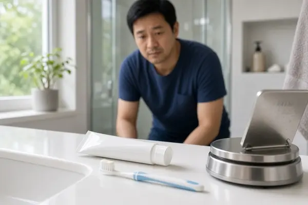 Toothpaste tube and toothbrush illustrating the difference between brushing and excessive amounts