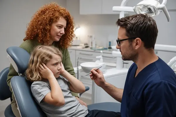 Child experiencing sensory sensitivities in a dental office