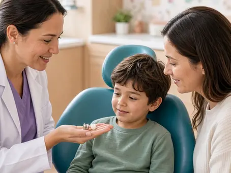 Child smiling during pediatric dental crown consultation comparing tooth-colored and stainless steel crowns
