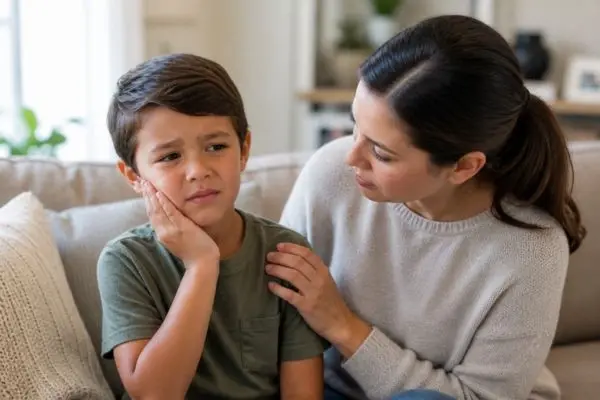 Child holding cheek showing dental crown discomfort sign