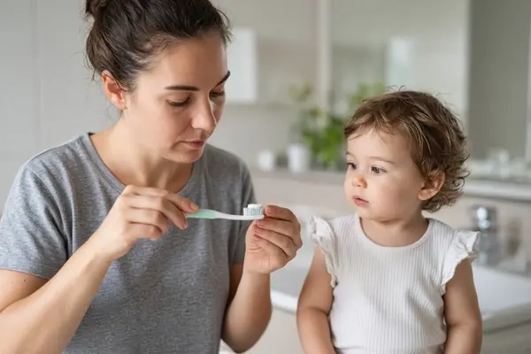 Parent applying fluoride toothpaste to toddler toothbrush
