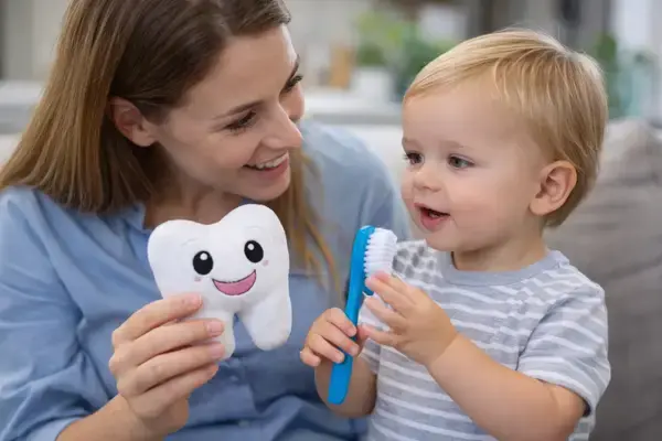 A smiling mother shows a plush tooth while her toddler holds a toothbrush