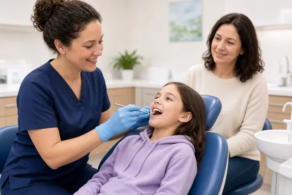 Pediatric dentist checking a child's teeth
