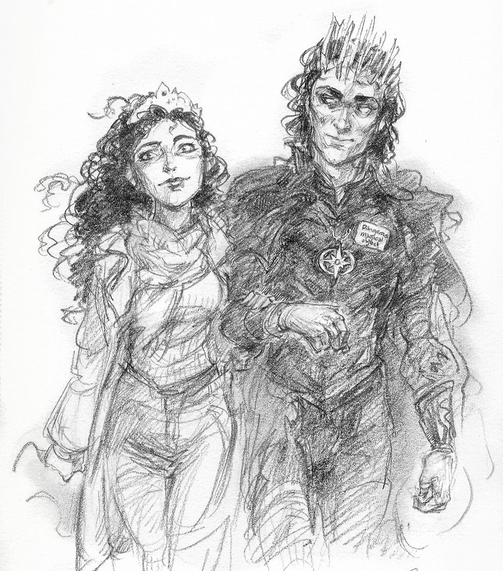 A pencil sketch of Sasha and Lorn standing arm-in-arm on their way to the Gateway