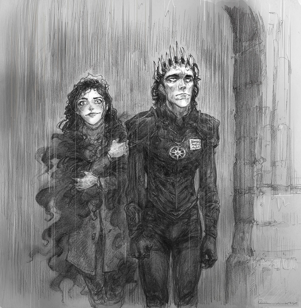 A black and white illustration of Sasha and Lorn standing under Between's Gateway in the rain.