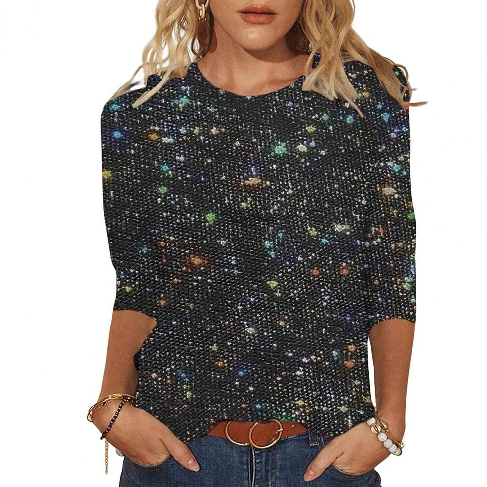 Miniatura: Shimmering Sequin Top Women T-shirt Crew Neck 3/4 Sleeves Glitter Pullover Tops 