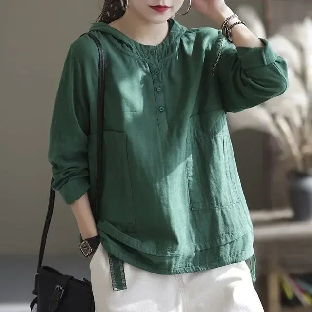 Miniatura: Women's Cotton Linen Hooded Shirt Vintage Spring Loose Thin Pullover Long Sleeve
