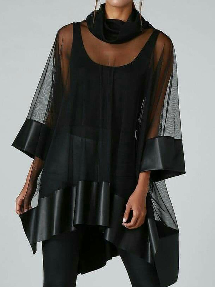 Miniatura: See-Through Mesh Sexy Women Loose Blouse Roll Neck 3/4 Sleeve PU Patchwork Irreg