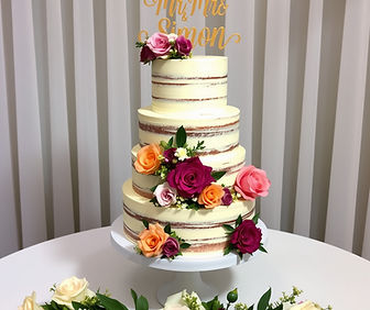 seminaked cake, fresh flowers garnish, mr & mrs Simon topper, 4 tiered, for wedding, clea
