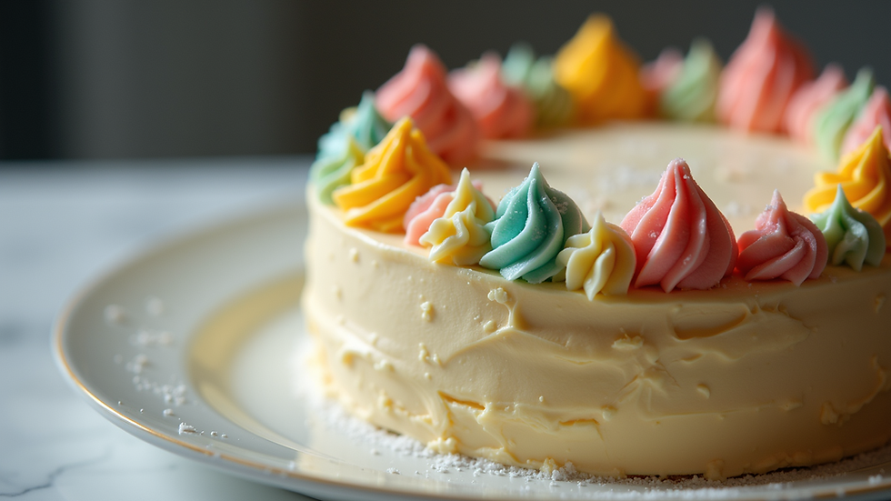 Close-up view of a beautifully decorated cake with colorful frosting