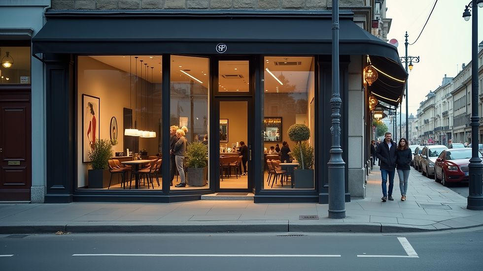 Eye-level view of a modern salon storefront on a busy street