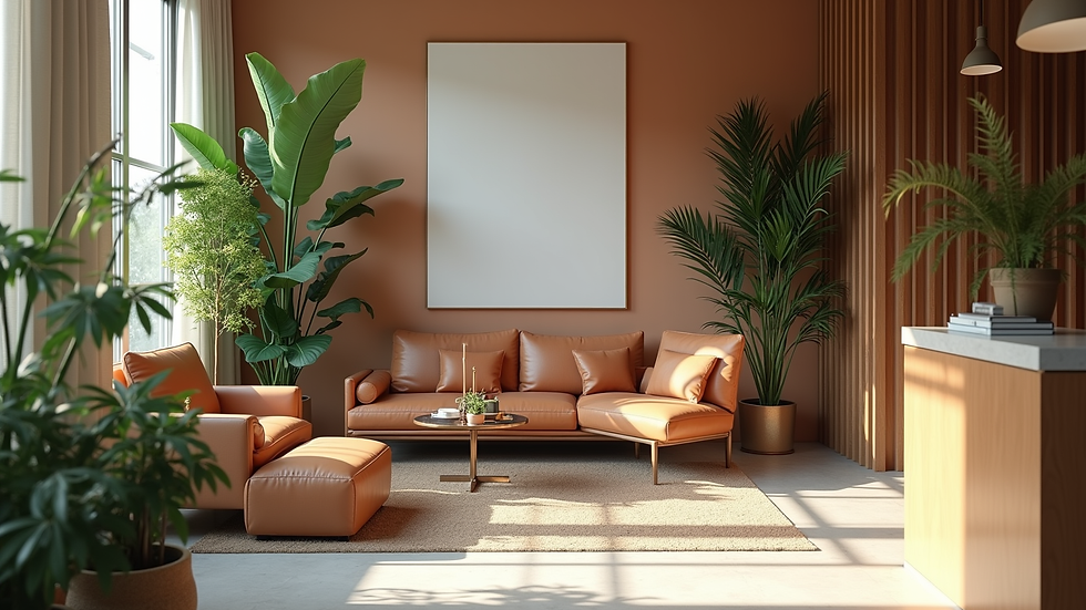 Close-up view of a stylish salon suite reception area with plants and decor
