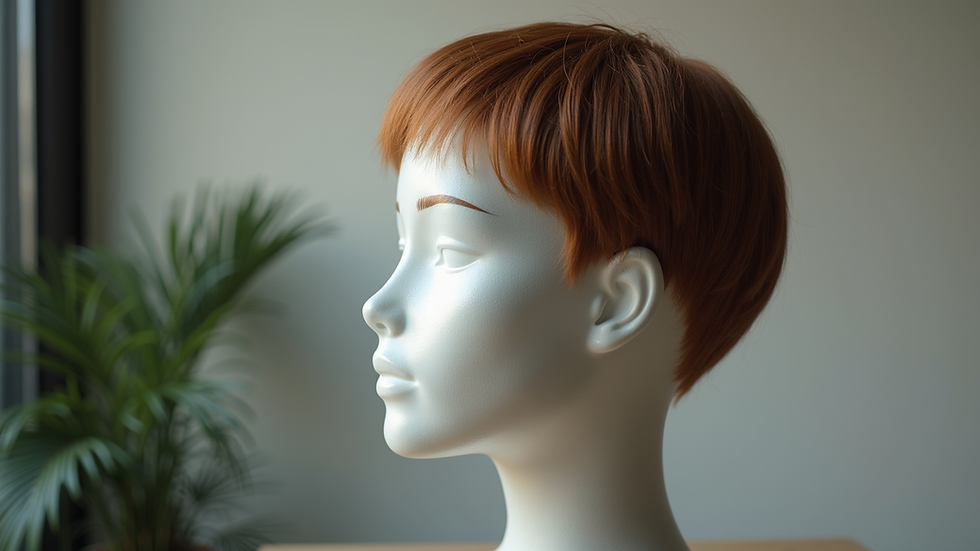 Close-up view of a human hair topper displayed on a mannequin head