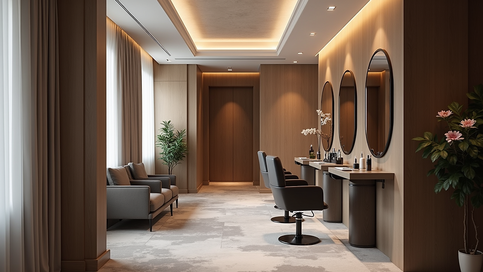 Eye-level view of a modern, stylish salon suite with elegant decor
