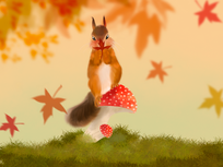 秋の紅葉とキノコの上のかわいいリス