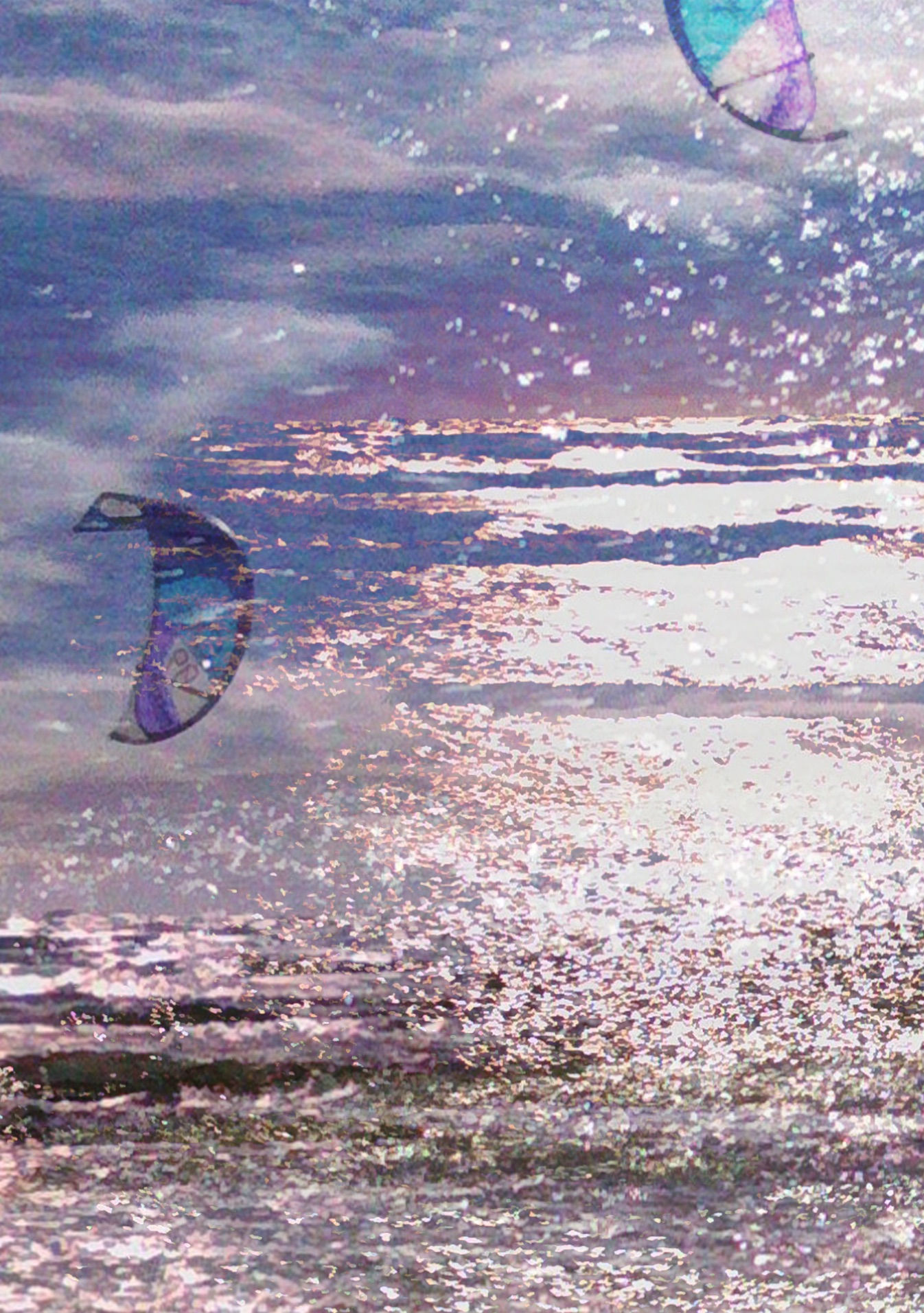 A graphic design piece of two power gliders flying over the sea. one is lower to the left and the other is higher on the right. They are stripy in design, and the sky on the top half is blue with white and pink, and the sea is a grey variation of these colours.