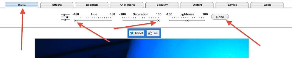 3 SLIDE HUE slider all the way to LEFT, slide Saturation slider all the way to the RIGHT, click Apply Done!