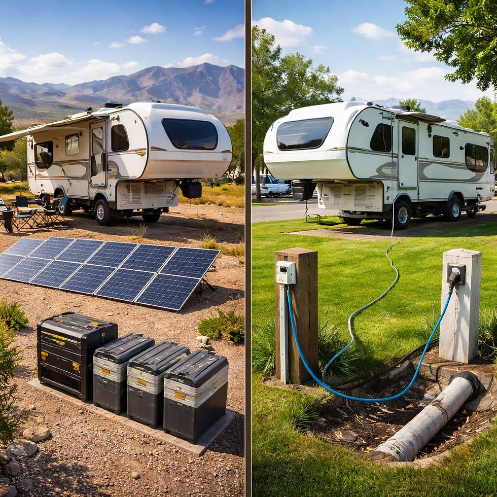 RV power setup comparison solar vs grid connection USA