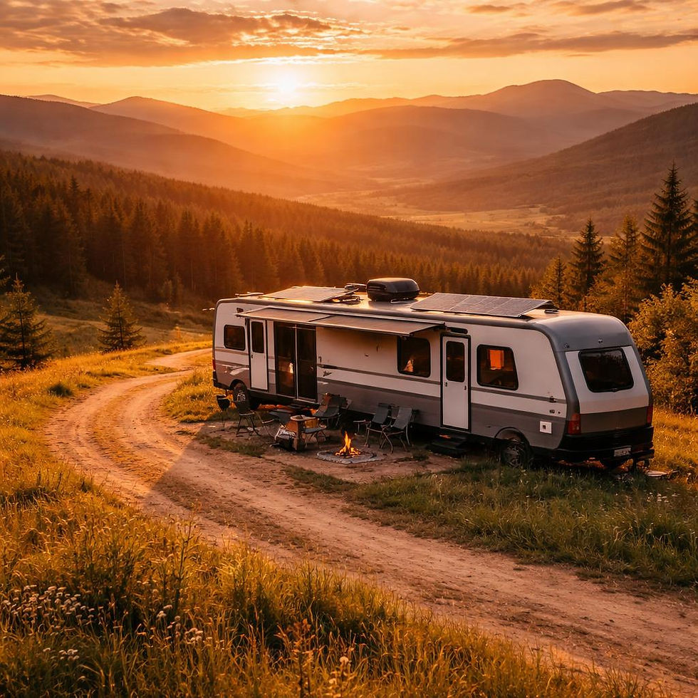 RV motorhome parked on private vacant land with solar power setup, surrounded by scenic countryside mountains and open fields at sunset, off-grid living lifestyle