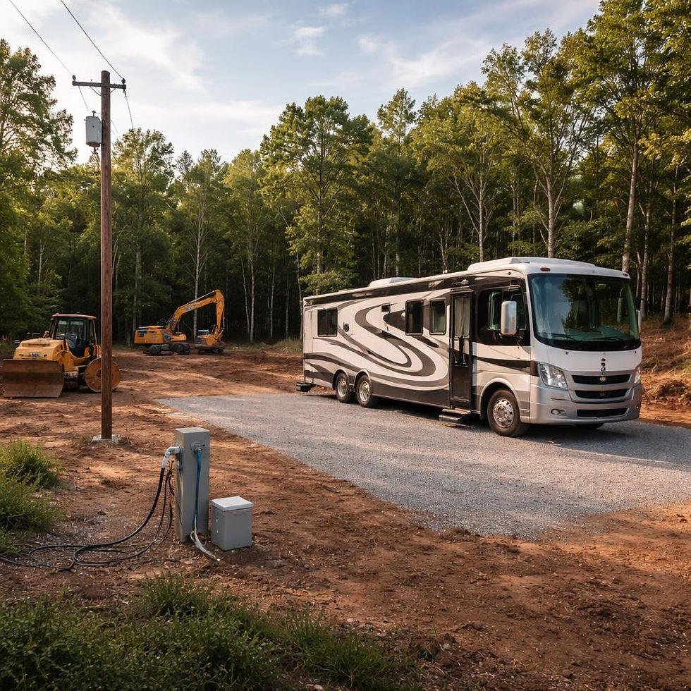 Preparing land for RV living with gravel pad and utilities in rural USA