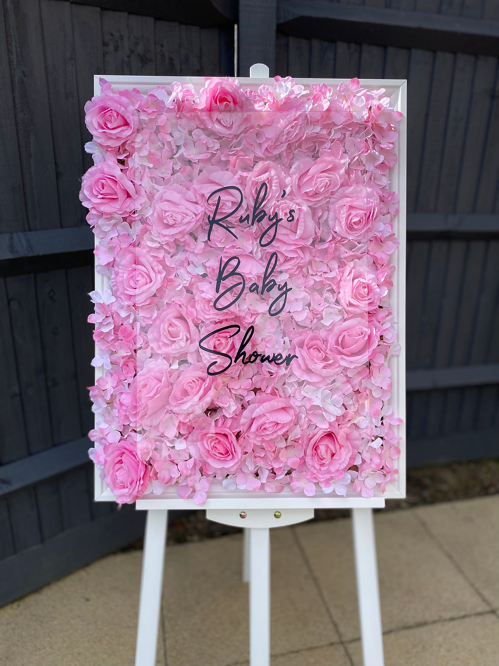 Easel with Pink Roses & Hydrangea Frame with Personalised Acrylic