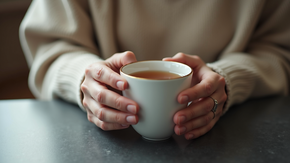 Close-up view of a caregiver’s hands gently holding a cup of tea