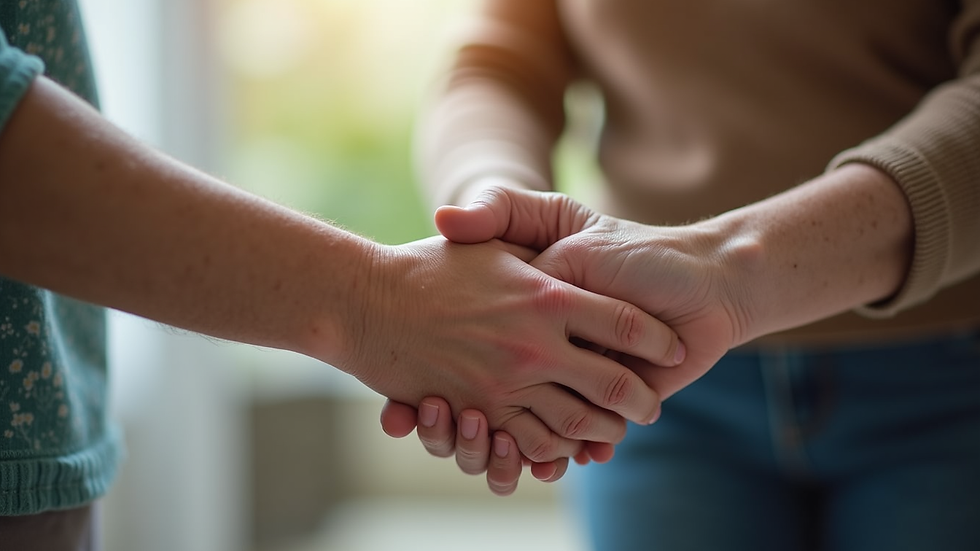 Close-up view of a caregiver’s hand gently holding a senior’s hand