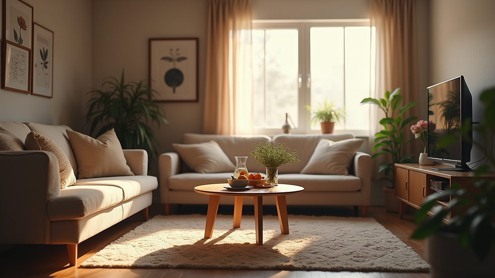 Eye-level view of a cozy living room with soft lighting and comfortable seating